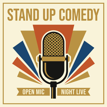 This vibrant image features a classic microphone, symbolizing the entertainment of stand-up comedy during open mic nights, ideal for aspiring comedians and venues.