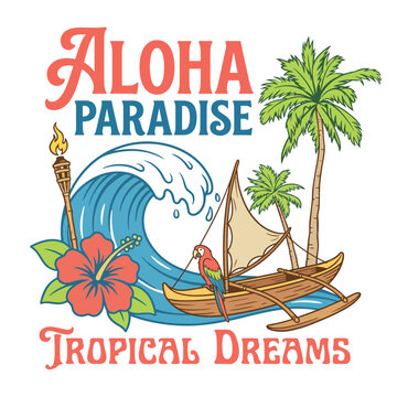 The Aloha Paradise logo radiates tropical island vibes with vibrant colors featuring waves, palm trees, and a sailboat, inviting everyone to experience a joyful beach lifestyle.