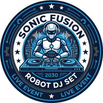 This vibrant graphic showcases a robot DJ spinning music at the Sonic Fusion event, merging technology and entertainment in an electrifying way that excites audiences.