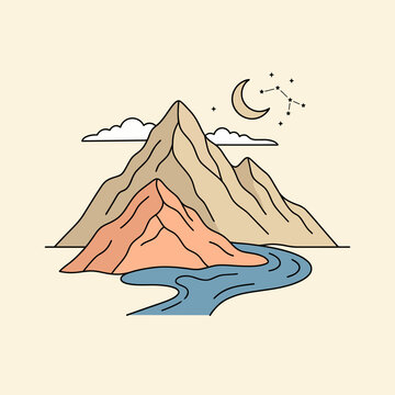 This tranquil image depicts a picturesque mountain landscape, complete with a flowing river and stars shining in the night sky, evoking a sense of adventure and peace.
