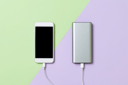White smartphone connected to silver power bank on pastel green violet purple background. Flat lay of mobile device charging with cable, representing portable energy, technology and lifestyle concept.