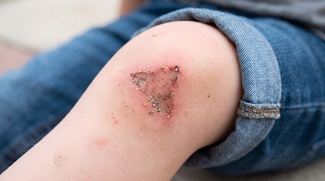 Close up of severe skin injury open wound on leg knee area showing raw flesh and damaged skin details