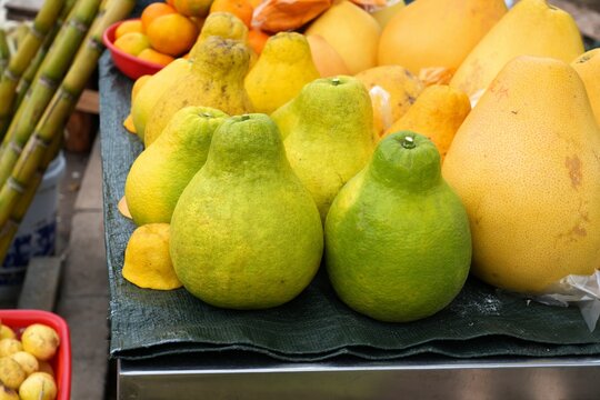 Pear shaped pomelo (Citrus maxima) at a local market in Shaoguan in Guangdong region of China.