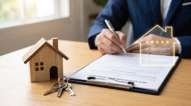 Professional signing a real estate contract with glowing holographic house and keys, symbolizing a successful home purchase and quality service, emphasizing property investment and trust
