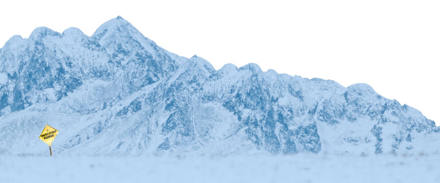 Snowy mountain peaks with winter storm warning yellow signboard isolated on transparent background