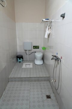 Basic hotel bathroom in rural Guangdong, China. Generic interior of bathroom with shower, squat toilet and separate seat for the toilet.