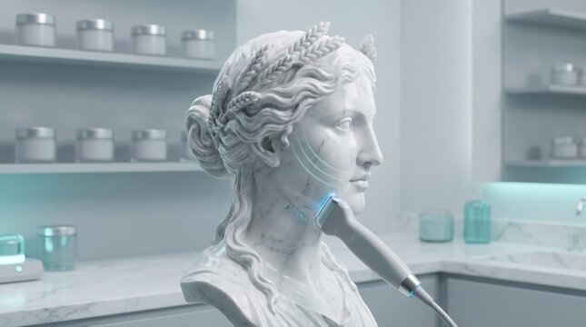 A classical marble bust undergoes a high-tech aesthetic skin treatment in a pristine clinic setting. This represents advanced beauty technology for rejuvenation and care.