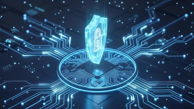 Futuristic 3D Cybersecurity Shield and Padlock Icon on Glowing Circular Circuit Platform 4K
