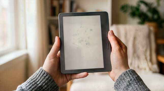 Person reading an electronic tablet device with digital paper display screen
