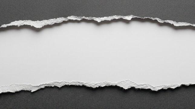Horizontal torn paper frame texture, rough white ripped edges revealing clean white space in the center against dark grey textured surface, ideal for, text placement