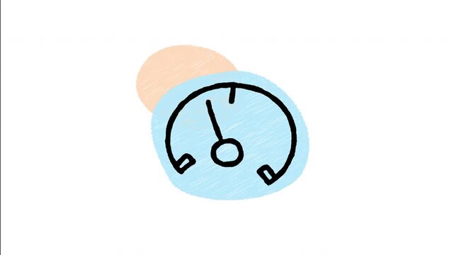 An animated hand-drawn analog speedometer gauge with a needle dial. Perfect for speed measurement, vehicle dashboard displays, sports car performance, and driving meters. 