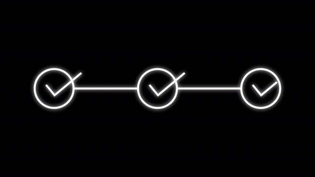 Animation three step white infographic progress with checkmark icon. Step to step process and checkmarks workflow animation on transparent background