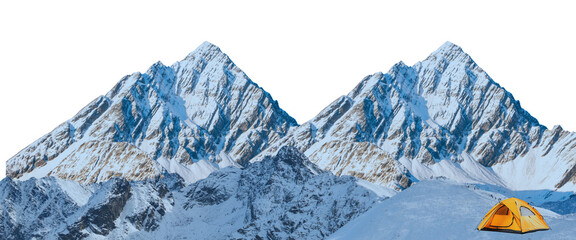 Snowy mountain peaks with yellow camping tent basecamp isolated on transparent background © Raihan