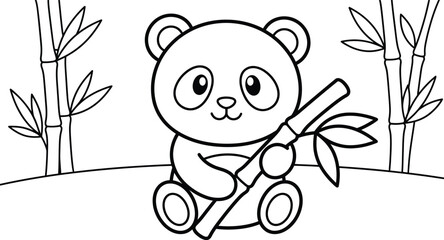 Cute little panda bear holding a bamboo stalk for children to use in coloring pages activity © MdNazmul