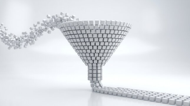 Concept of data filtering and processing using an abstract white cube funnel.