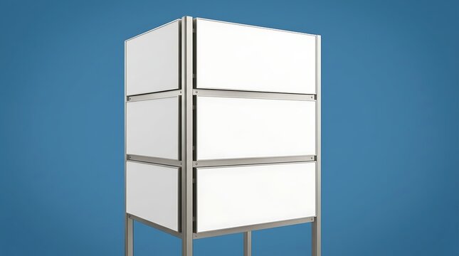 Blank White Signage Cube Structure With Metallic Frame Isolated On Blue Background For Information Display And Wayfinding