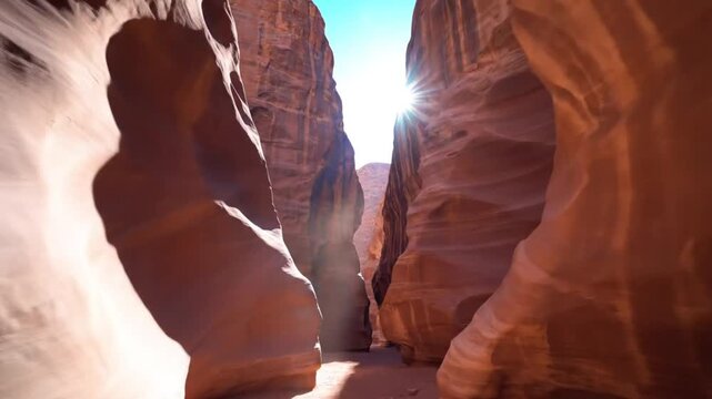 Sunlight streams through a narrow sandstone canyon creating dramatic shadows and highlighting natural textures