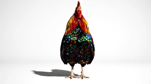 Brightly Colored Rooster with Comb and Detailed Feathers on White Background Crowing with Vocalizations