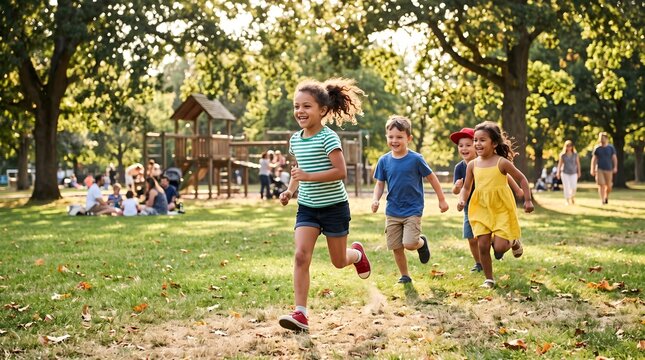 Group of joyful children running and playing together on a sunny day in a park with kids outdoors childhood fun park recreation play time