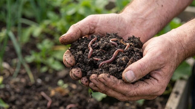 Hands holding rich soil with earthworms, demonstrating healthy garden soil and composting