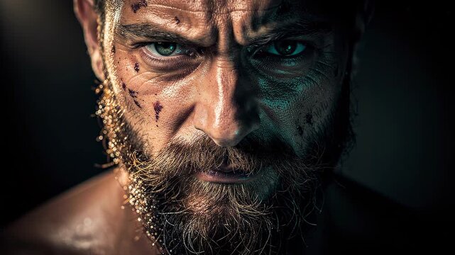 Close up portrait of a rugged man with a beard and facial wounds.