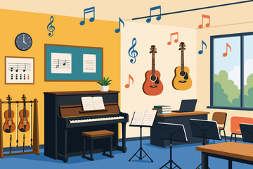 Fototapeta premium Music classroom with cheerful atmosphere featuring instruments and notes on the walls