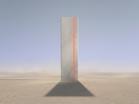 Minimalist concrete monolith standing in a vast desert landscape with a bright orange line.