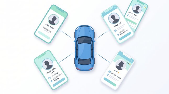 Top view illustration of blue car connected to multiple smartphones showing rideshare application interface with user profiles and driver details, taxi booking service