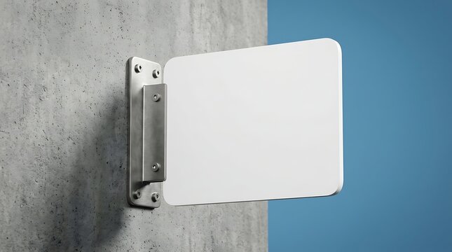 Blank White Signage Mounted On Concrete Wall With Metal Bracket Against Blue Background