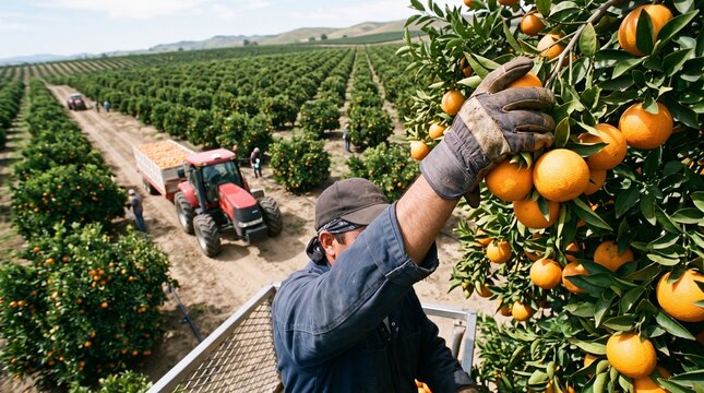 Oranges Picking by Worker in Large Scale Orange Orchard with Tractor Harvest. Worker picking oranges from branch, Oranges Picking Worker Orange Orchard Tractor Harvest