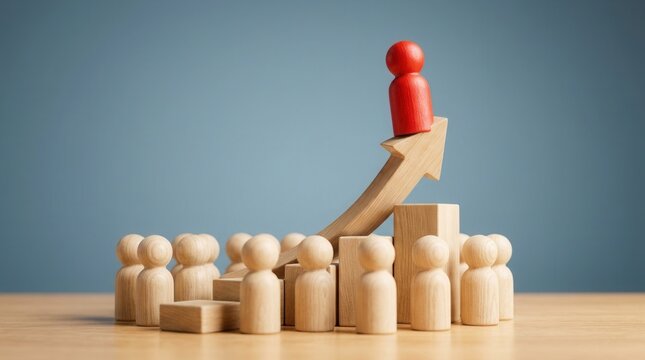 Successful career advancement concept featuring a red wooden figure on an upward arrow and a crowd.