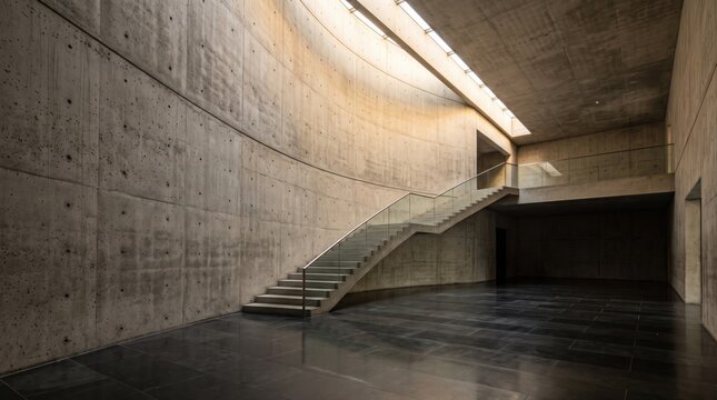 Minimalist concrete interior with modern staircase and natural light from skylight