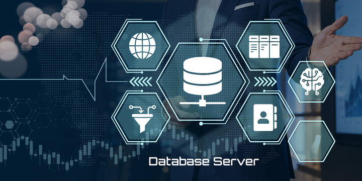 Modern database server technology with global data processing, cloud storage, and AI integration