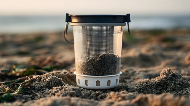 A transparent sand sieve with mesh filter sits on sandy beach near ocean horizon during golden hour light
