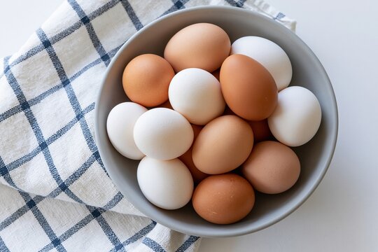 The Eggs in a Ceramic Bowl on Checkered Cloth Create Rustic Kitchen Scene