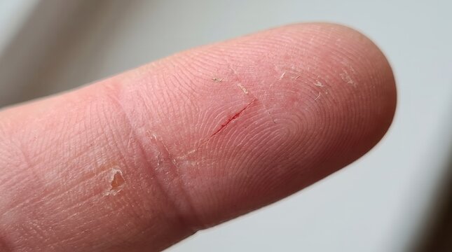 Close up view of a small scratch or abrasion on human skin detail of finger flesh texture and surface damage
