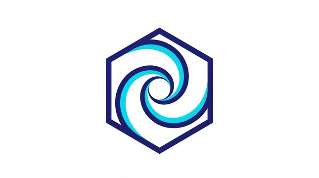 Abstract blue vortex and swirl logo inside a hexagon frame design template
