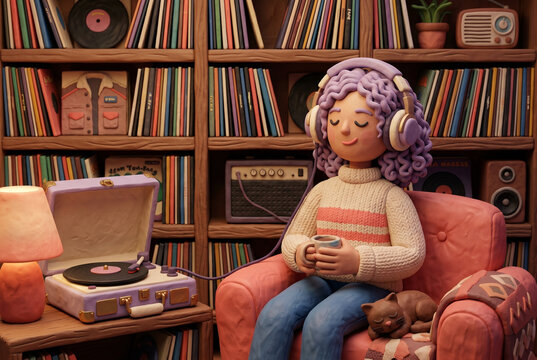 Clay Figure Relaxing and Listening to Vinyl Records at Home