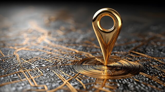 Shiny metallic gold pin marker on 3D detailed dark city map model render for location tracking navigation app concept.