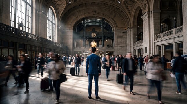 Businessman Standing in Crowded Train Station Concourse