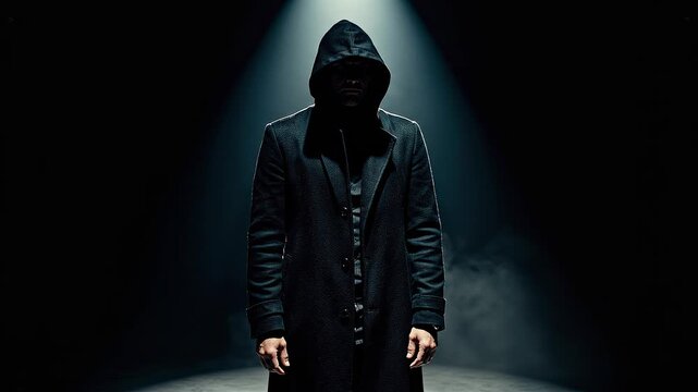 A mysterious hooded figure standing in a dramatic spotlight against a dark background.
