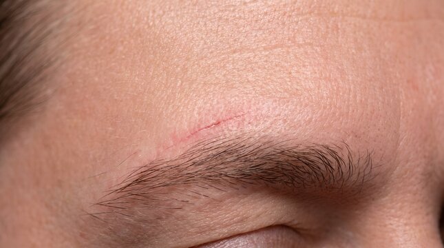 Close up view of facial skin scar healing process and post surgery recovery details on the forehead area