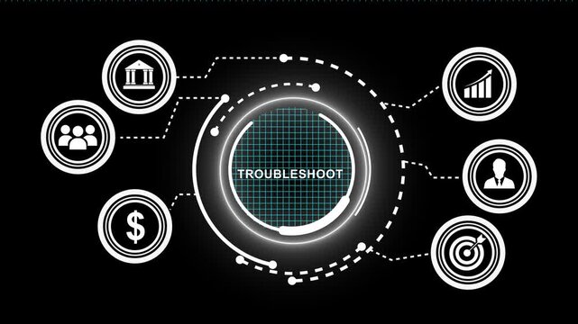 Digital troubleshooting concept featuring animated business and network connectivity nodes for corporate problem solving, strategic planning, financial analysis, and management presentations