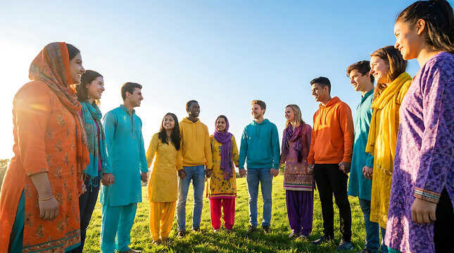 Multiethnic group of youth standing in circle outdoors