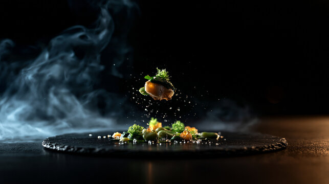 Gourmet Seafood Levitating Over Slate Plate with Smoke