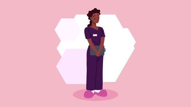 African american female nurse character animation standing with medical folder on pink background.