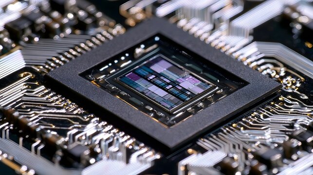 Close up of a multi die chiplet package mounted on a circuit board with intricate metallic traces and reflective surfaces