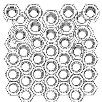 A detailed top-down view of a collection of hexagonal nuts arranged in a dense pattern.