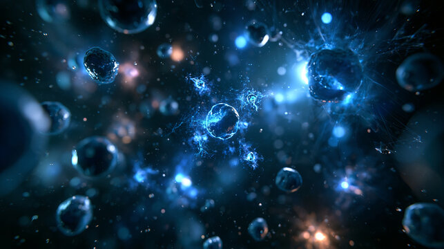 Abstract Microscopic View of Glowing Blue Cells and Molecules