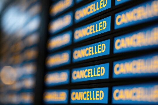 The Cancelled Flights Board Displaying Repeated Cancelled Messages Across The Terminal